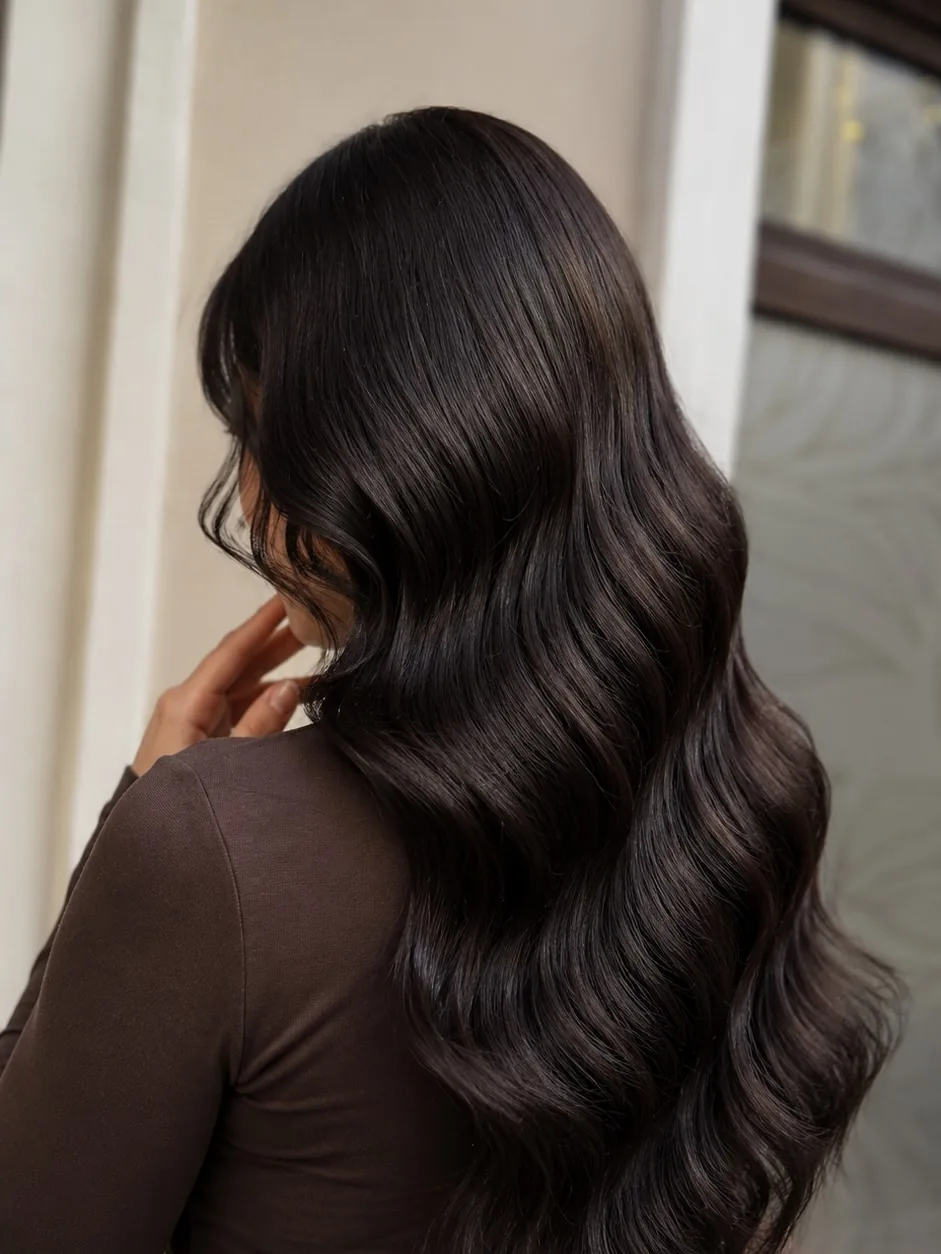 Tmavý espresso odstín s leskem, práce Unreal Salon
